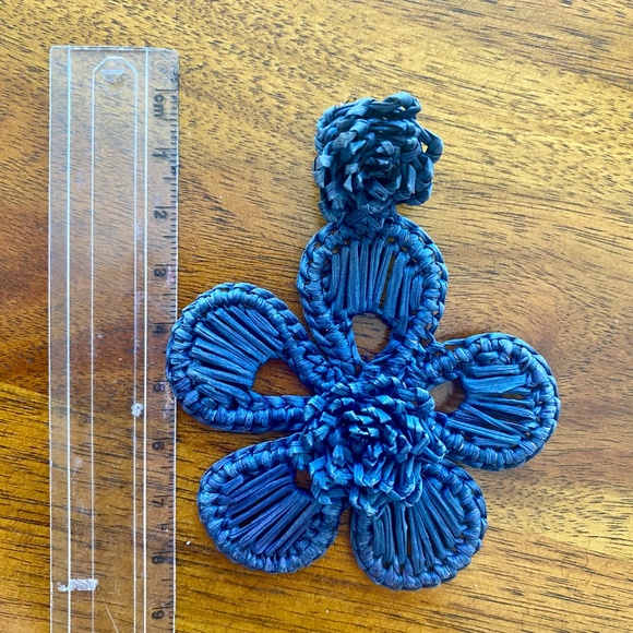 Navy Hibiscus Flower Iraca Palm Earrings - Picture 4 of 5